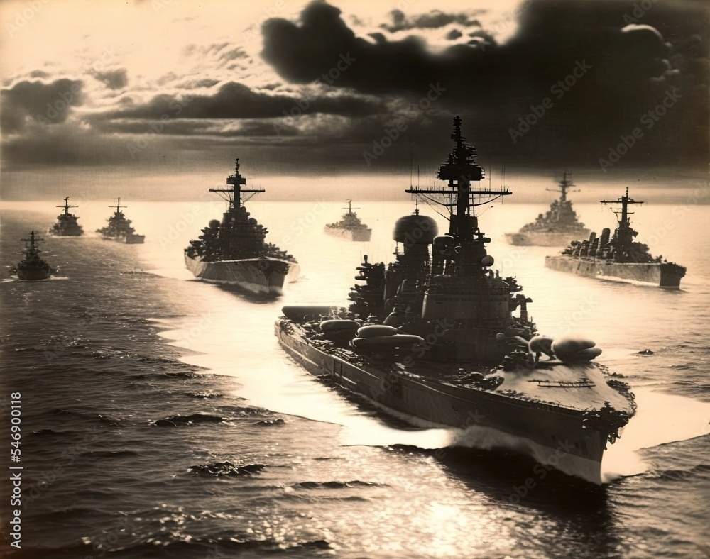 20th-century 2nd World War sea battle with carriers and warships. 3D rendering and vintage black and white image. Vintage American navy army fleet on the sea.