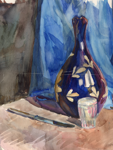 Watercolor still life illustration with bright blue vase, glass cup with water and silver knife on a dark background. Colorful illustration for recipe-book cover, food menu brochure