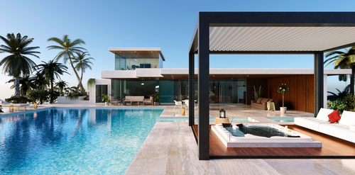 3d render Front view of modern luxury villa with swimming pool. Bioclimatic pergola with whirlpool on wooden sundeck.