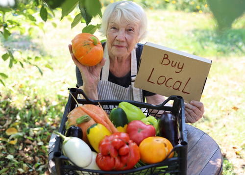 An elderly gray-haired woman sells fresh seasonal vegetables at a local farmers market. Buy local agricultural products