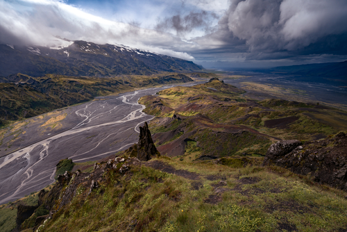 Dramatic clouds coming to the valley of Thorsmork, southern Iceland. View from Valahnukur hill. Springtime at the Laugavegur trail.