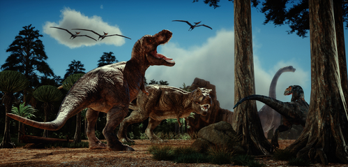 Dinosaurs in the nature. This is a 3d render illustration