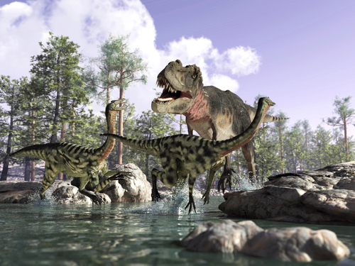 Photorealistic 3 D scene of a Tyrannosaurus Rex, hunting two Gal
