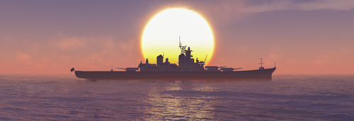 3d illustration, sunset and military ship