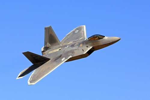 F-22 Raptor Jet Airplane flying at 2015 Planes of Fame Air Show in Chino, California