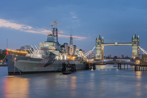Warship  HMS Belfast on the river Thames in London, England.
