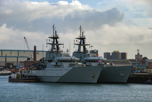 Royal Navy Offshore Patrol Vessels docked at Portsmouth Naval Base, UK