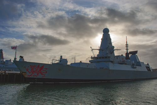 HMS Dragon (D35) is a Royal Navy Type 45 Destroyer, moored in Portsmouth, UK