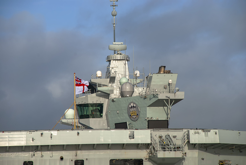 The Royal Navy aircraft carrier HMS Prince of Wales (RO9) docked in Portsmouth, UK