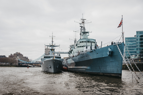 View of HMS Belfast and another ship from River Thames, London, 