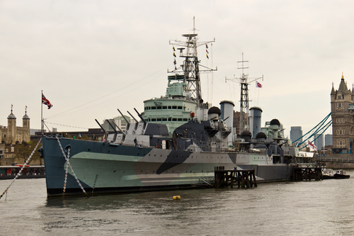 HMS Belfast (C35) a Royal Navy light cruiser on the River Thames
