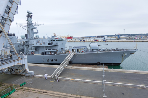 HMS Northumberland is a Type 23 frigate of the Royal Navy in the port of Cherbourg-Octeville. Normandy, France