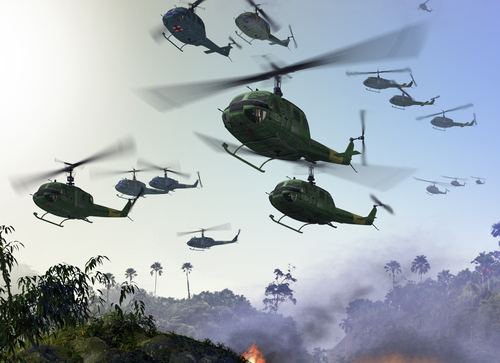 Huey Military Helicopters flying over a jungle environment during the Vietnam War. 3d render illustration