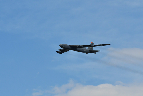 Zeltweg, Austria - September 03, 2022: Public airshow in Styria named Airpower 22, overflight of a B-52 Stratofortress bomber