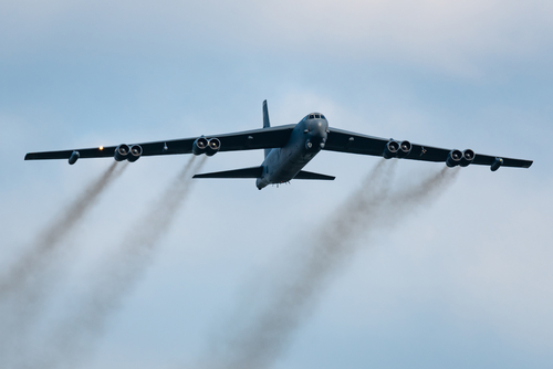 SANICOLE, BELGIUM - SEP 13, 2019: A United States Air Force Boeing B-52 Stratofortress bomber aircraft performing a low-pass at the Sanicole Sunset Sunset Airshow.