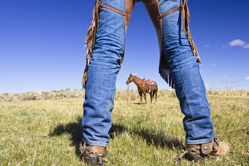 view through cowboy's legs on horse, wildwest, Oregon, USA