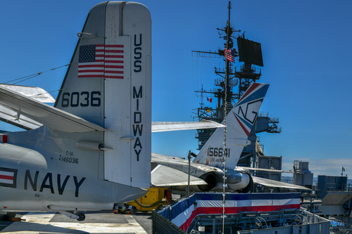 San Diego, CA - July 19, 2020: USS Midway was an aircraft carrier of the United States Navy, the lead ship of its class. Commissioned a week after the end of World War II it is now a museum ship.
