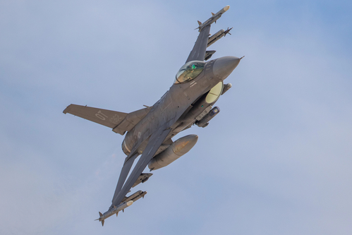 Las Vegas, United States - 15.11.2019 F-16 Fighting Falcon in flight during the Aviation Nation Airshow in Nellis Air Force Base in 15.11.2019 in Las Vegas, United States