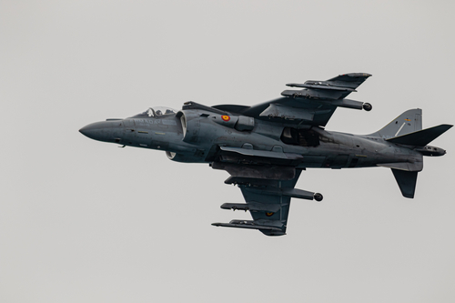 TORRE DEL MAR, MALAGA, SPAIN-JUL 12: Aircraft AV-8B Harrier Plus taking part in an exhibition on the 4th international airshow of Torre del Mar on July 12, 2019, in Torre del Mar, Malaga, Spain