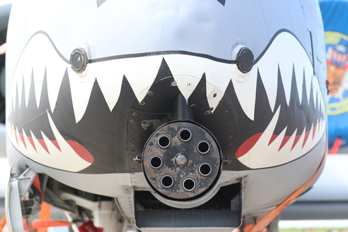 Cleveland, OH-USA August 31, 2019: Cleveland National Air Show featuring the shark faced machine gun nose of a U.S. Air Force A-10 Thunderbolt.