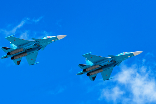 MOSCOW, RUSSIA - MAY 3,2019: Sukhoi SU-35 flying over Red Square on  Victory Day airshow Den Pobedy