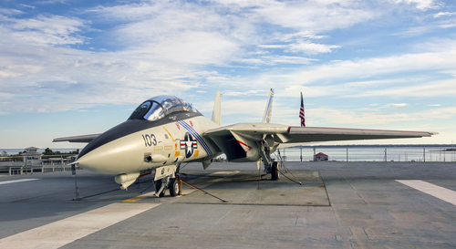 An American F-14 Tomcat fighter jet on the deck of the aircraft carrier USS Yorktown (now a museum open to the public).