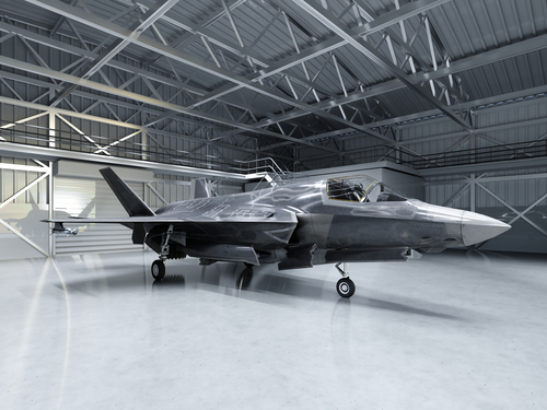 Subtle multifunctional fighter-bomber, fifth generation. Modern fighter in the hangar. 3D rendering.