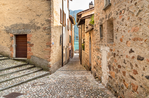 Narrow cobblestone streets in the picturesque village Morcote on the Lake Lugano, Ticino, Switzerland.