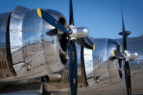 The engines of Doc, a B-29 Superfortrees built in 1944, that sits on the tarmac at the 2022 Miramar Airshow in San Diego, California.