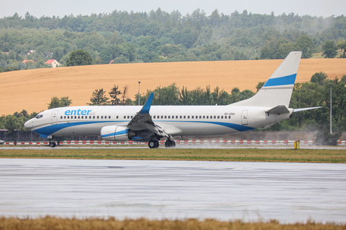 Krakow, Poland - 14.7.2019 Boeing 737 Enter Air in John Paul II Balice Krakow Airport in 14.7.2019 in Krakow, Poland