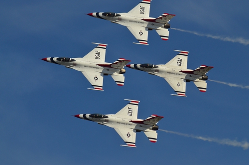 Atlanta, GA, USA- October 14,2014: US Air force Thunderbird fighter jets performing aerial maneuvers and flying in various formation during a training demonstration.