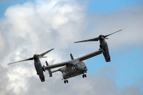 A Bell-Boeing CV-22B Osprey tiltrotor military aircraft at an airshow