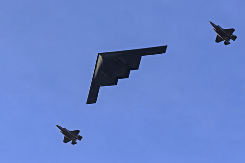 Airplanes B-2 bomber and F-35 Lightning jet fighters flying over the start of the 2018 Tournament of Roses Parade in Pasadena, California. The B-2 bomber annually performs at the start of the parade.