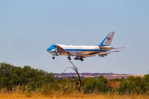 Madrid, Spain- June 28, 2022: Air Force One upon arrival at the Torrejn Air Base in Madrid. United States President Jon Biden arrives on his plane at the NATO summit in Madrid.