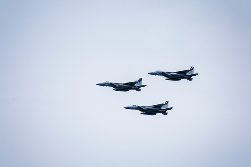 Three F-15C Eagles from 144th Fighter Wing perform flyover to recognize healthcare workers, first responders, military, essential personnel during COVID-19 pandemic - San Jose, CA, USA - May 13, 2020