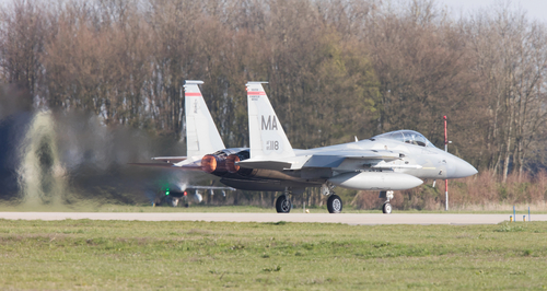 LEEUWARDEN, NETHERLANDS - APRIL 11, 2016: US Air Force F-15 Eagl