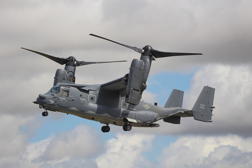 A Bell-Boeing CV-22B Osprey tiltrotor military aircraft at an airshow