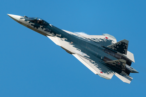 ZHUKOVSKY, RUSSIA - AUGUST 30, 2019: The Sukhoi Su-57 stealth fighter jet of the Russian Air Force at the MAKS-2019 air show. 