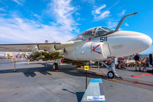 San Diego, United States - JULY 2018: Grumman A-6 Intruder. Twinjet all-weather attack aircraft and fighter-nuclear weapons bomber of Marine Corps in Aviation museum. Served in Vietnam and Gulf Wars.
