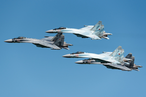 ZHUKOVSKY, RUSSIA - AUGUST 30, 2019: Four Sukhoi Su-35 fighter jets of the Russian Air Force at the MAKS-2019 air show.