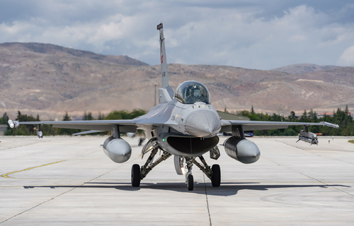 KONYA, TURKIYE - JUNE 30, 2022: Turkish Air Force Lockheed Martin F-16D Fighting Falcon (HD-16) taxiing in Konya Airport during Anatolian Eagle Air Force Exercise