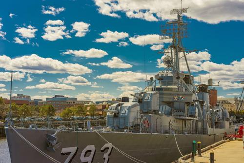 Front of the USS Cassin Young ship moored in Boston