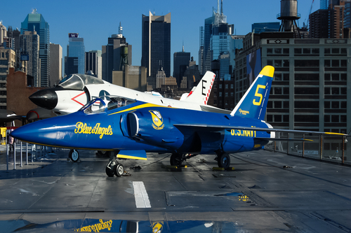 Blue Angels Grumman F-11 Tiger on the deck of the Intrepid Sea, Air and Space Museum in New York City.