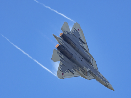 Moscow Russia Zhukovsky Airfield 31 August 2019: Demonstration of the latest Russian SU-57 fighterof the international aerospace salon MAKS-2019