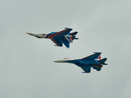 Zhukovsky, Moscow region, Russia - 24.07.2021: Performance of aerobatic teams at MAKS 