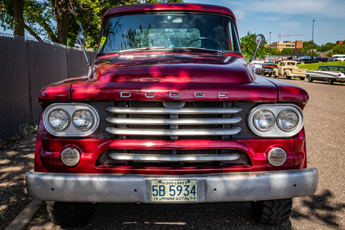 Falcon Heights, MN - June 19, 2022: High perspective front view of a 1958 Dodge W-100 Power Wagon Pickup Truck at a local car show.