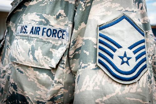 U.S. army air force emblem and rank on soldier uniform