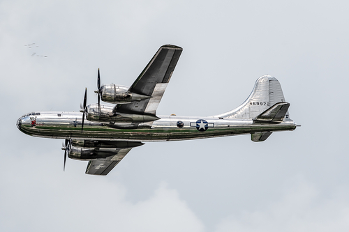 Oshkosh, WI - 28 July 2018:  A B-29 Superfortress bomber flying around, demostrating power from over 60 years ago.
