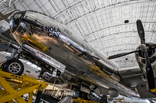 The B-29 Superfortress Enola Gay sits on display at the Steven F. Udvar-Hazy Center in Chantilly, Virginia.