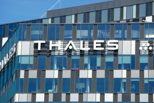 Bucharest, Romania - May 20, 2022: The logo of French multinational company Thales is seen on the top of the Orhideea Towers building, in Bucharest, Romania.